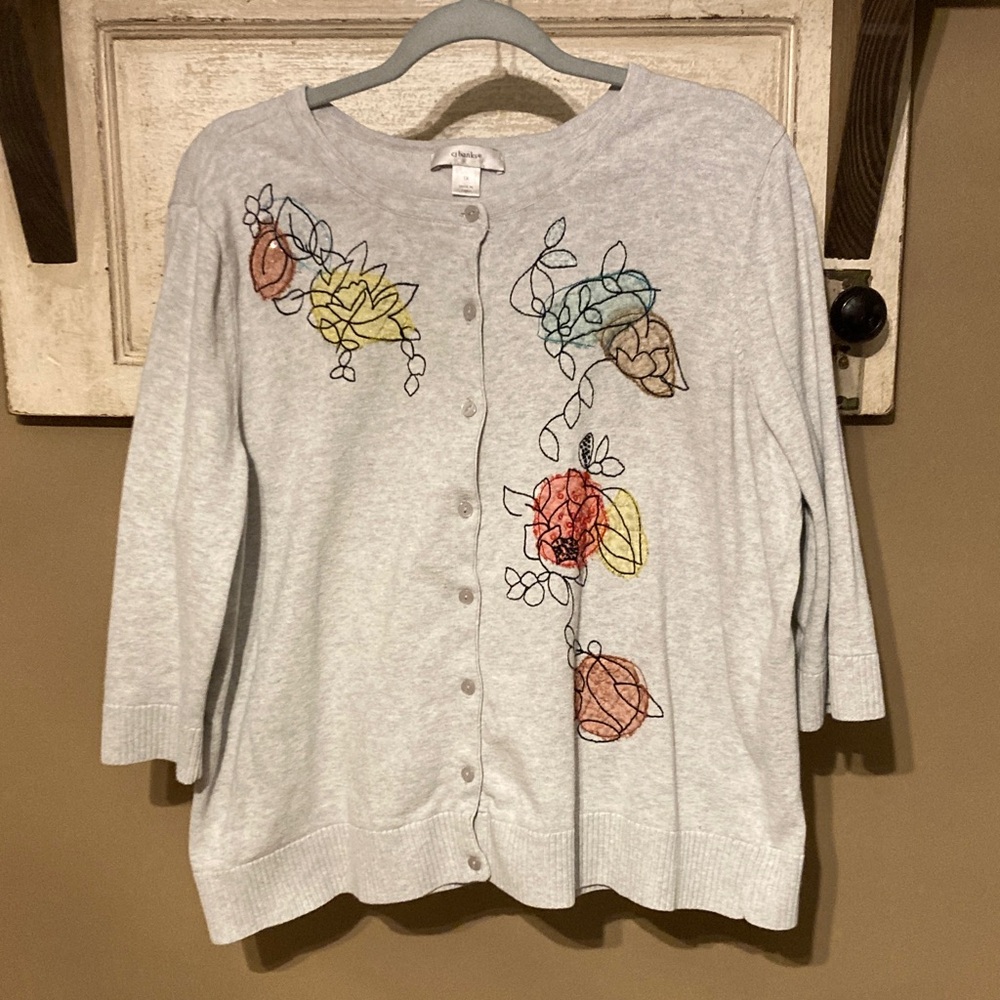 CJ Banks Light Gray Cardigan with Colorful Floral Design